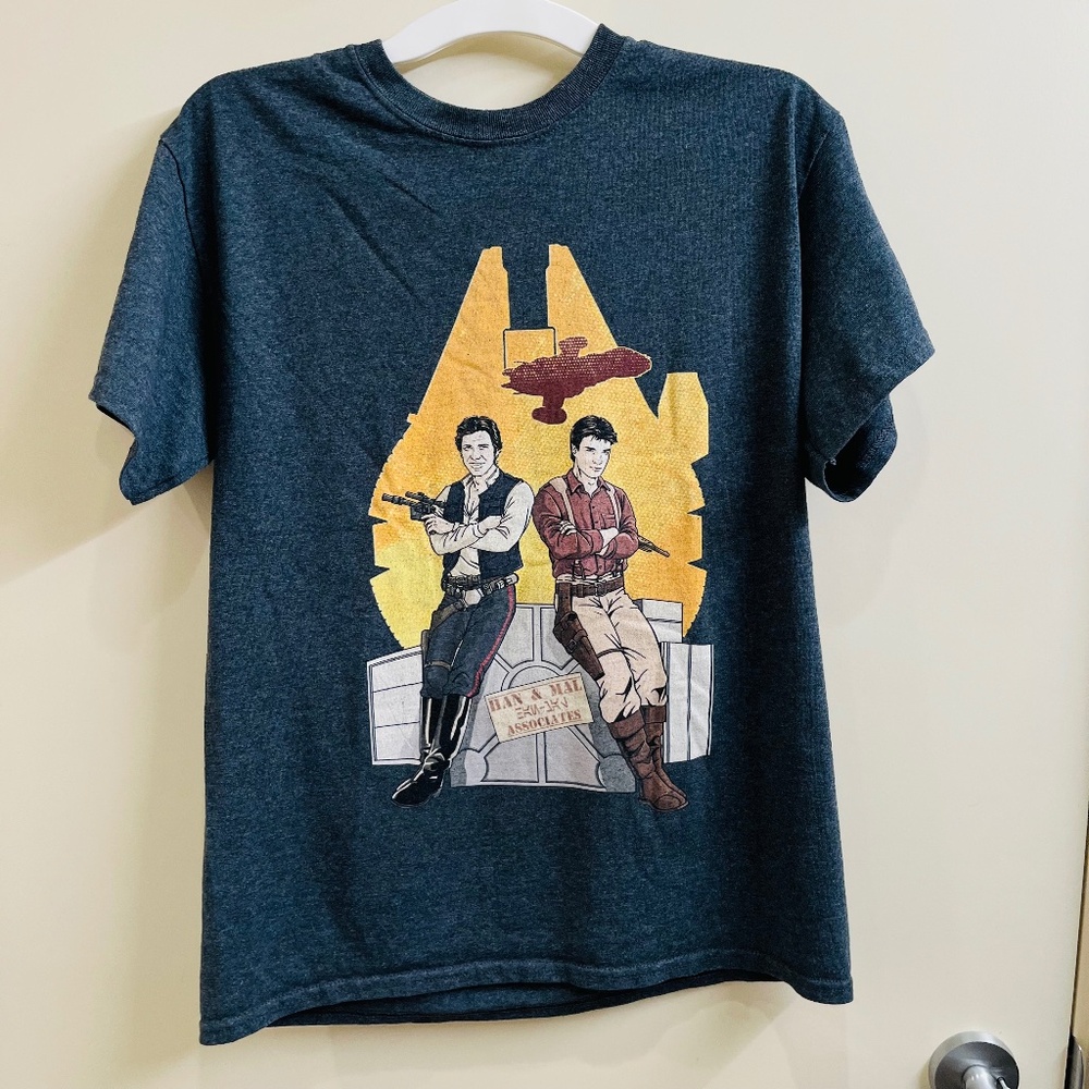 Han and Mal Associates Han Solo and Malcom Reynolds T Shirt Medium.
